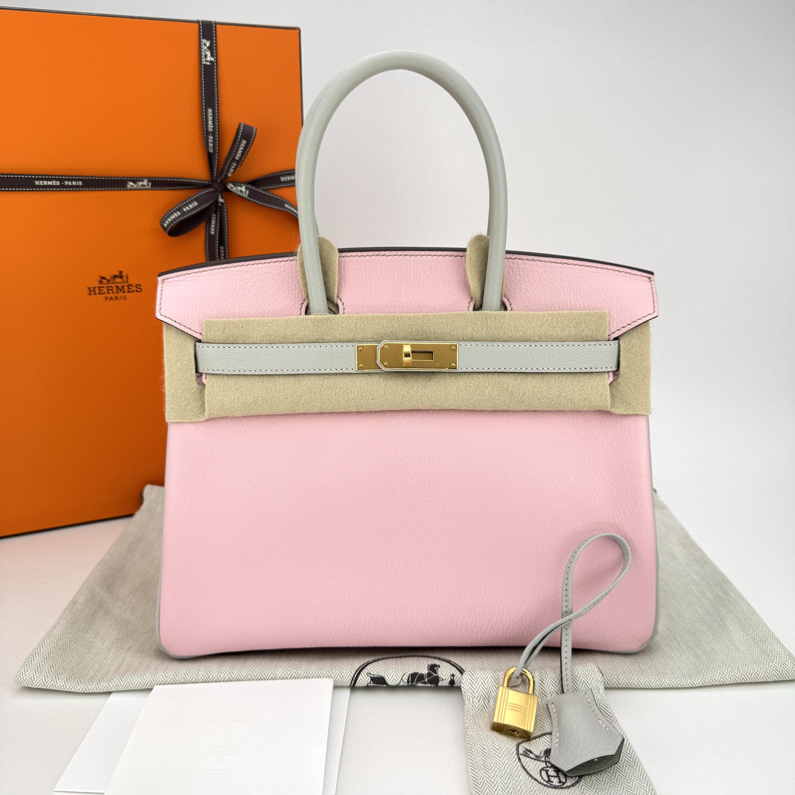 Hermes Birkin 30 Chevre HSS Rose Sakura Pink/ Gris Perle Gold Hardware X Stamp