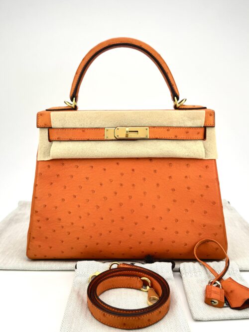 Hermes Kelly 28 Retourne Ostrich Orange Gold Hardware Preowned Square K