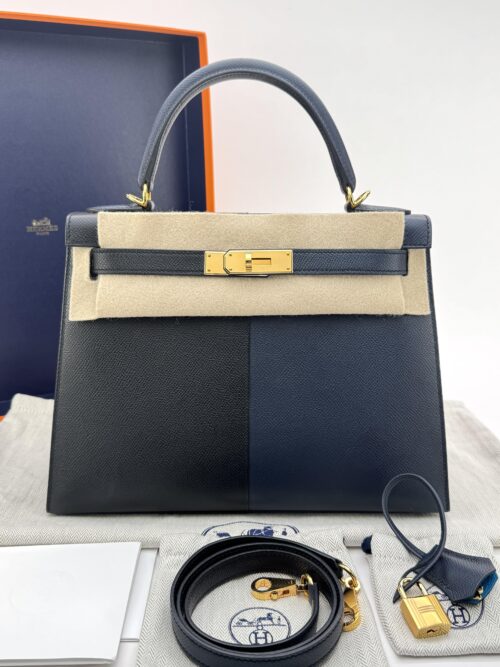 Hermes Kelly 28 Epsom Casaque Black/Blue Indigo Gold Hardware Preowned U Stamp