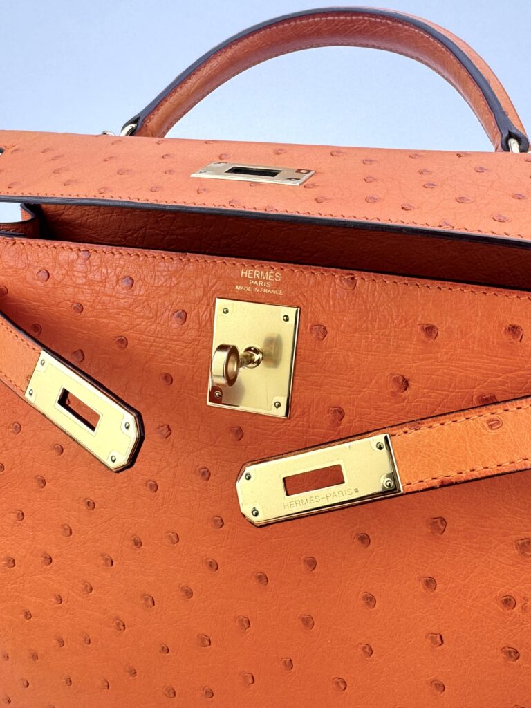 Hermes Kelly 28 Retourne Ostrich Orange Gold Hardware Preowned Square K