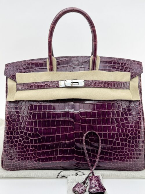 Hermes Birkin 35 Shiny Crocodile Amethyst Purple Palladium Hardware Square O