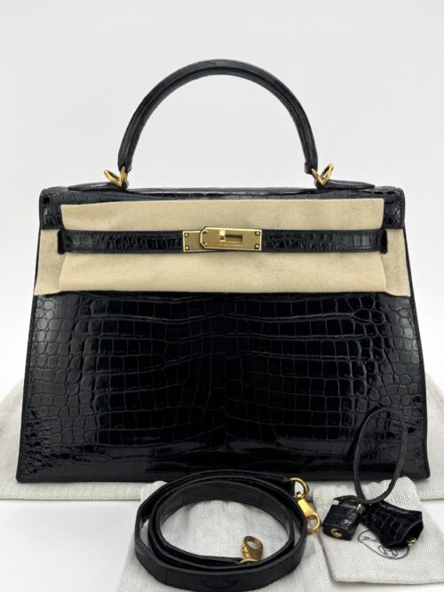 Hermes Kelly 32 Shiny Crocodile Black/Noir Gold Hardware Sqaure O Stamp