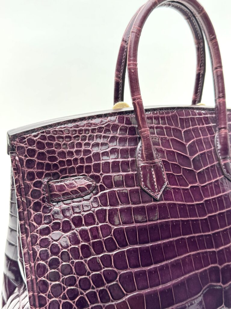 Hermes Birkin 35 Shiny Crocodile Amethyst Purple Palladium Hardware Square O