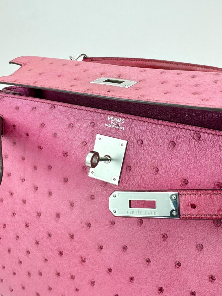 Hermes Kelly 32 Retourne Ostrich Fuchsia Palladium Hardware Preowned Square I