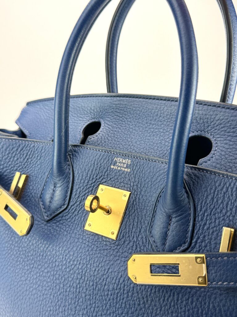 Hermes Birkin 30 Retourne Clemence Blue Navy Gold Hardware Square N