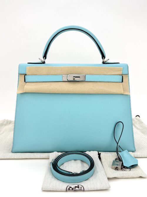 Hermes Kelly 32 Sellier Epsom Blue Atoll Palladium Hardware Preowned T Stamp