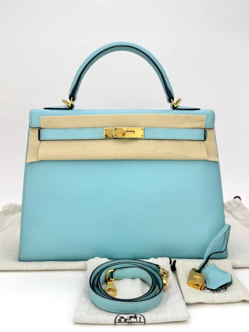 Hermes Kelly 32 Sellier Epsom Blue Atoll Gold Hardware Square R
