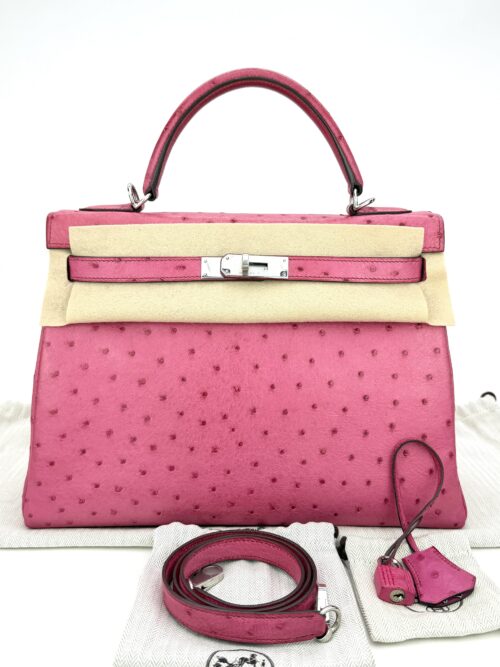 Hermes Kelly 32 Retourne Ostrich Fuchsia Palladium Hardware Preowned Square I