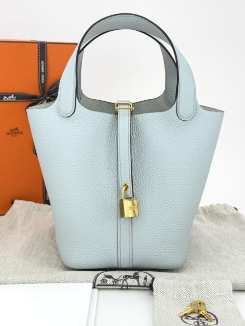 Hermes Picotin 18 Clemence Blue Pale Gold Hardware Unworn