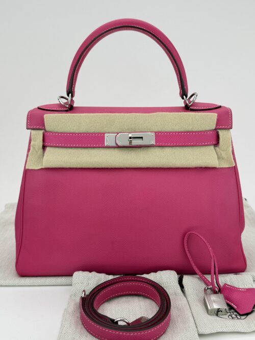Hermes Kelly 28 Retourne Epsom Rose Tyrien Palladium Hardware Preowned Square O