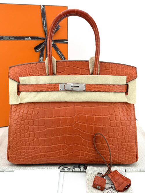 Hermes Birkin 30 Matte Alligator Feu Orange Palladium Hardware Square Q Stamp