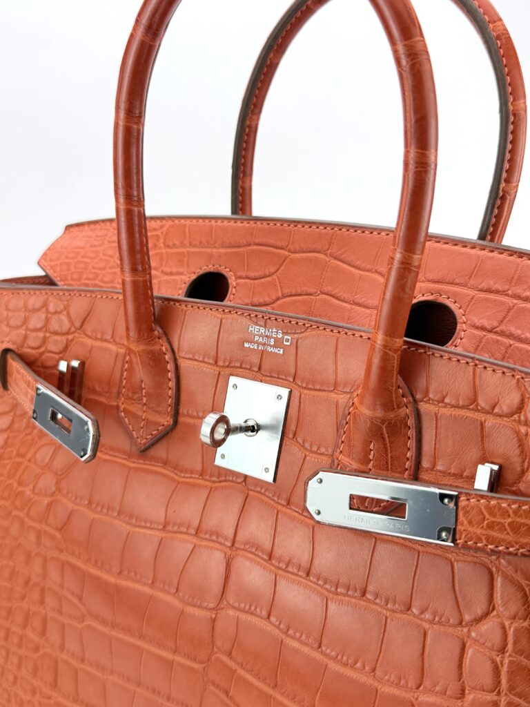 Hermes Birkin 30 Matte Alligator Feu Orange Palladium Hardware Square Q Stamp