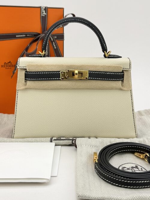 Hermes Mini Kelly 20 Epsom HSS Panda Craie & Black Gold Hardware W Stamp Unworn