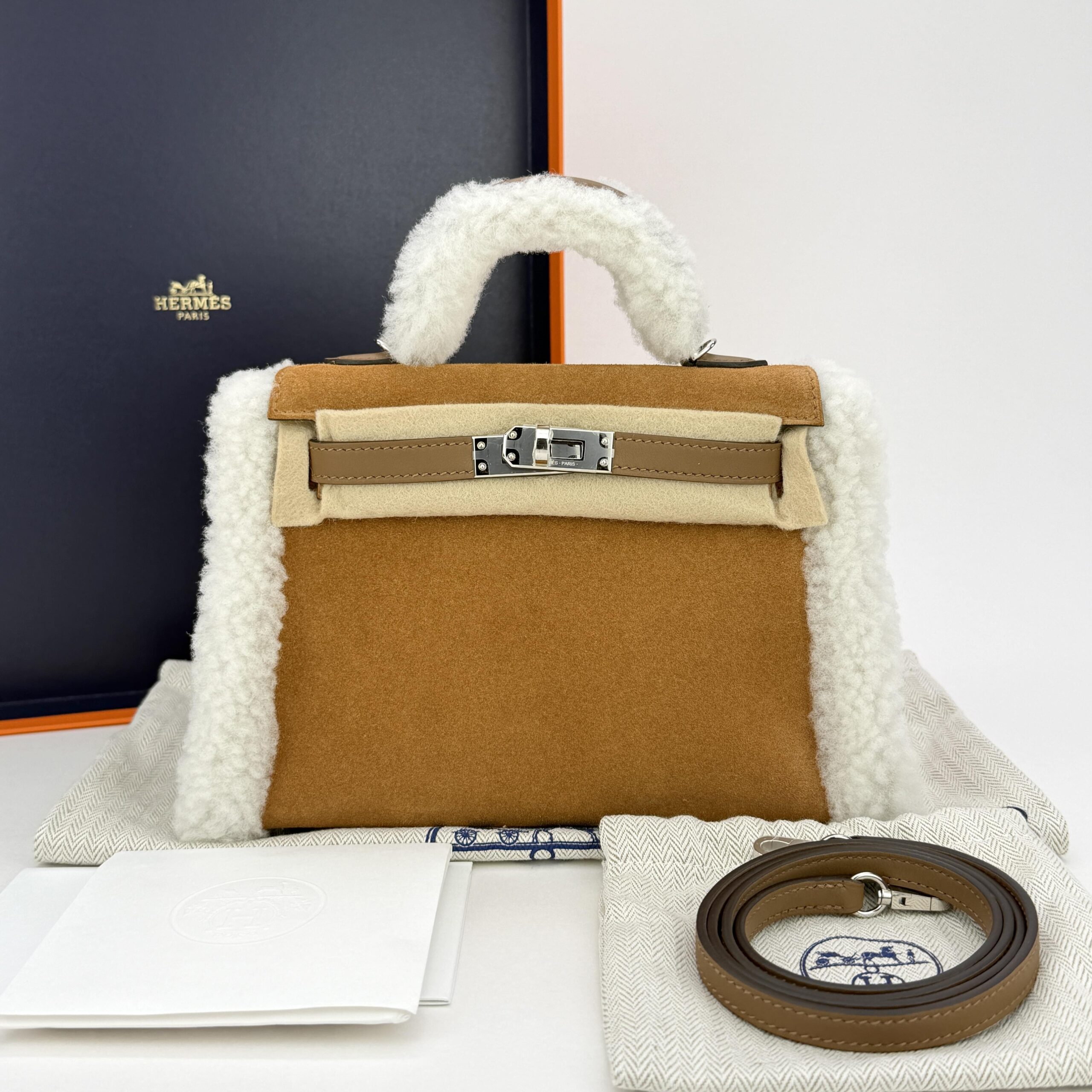 Hermes Mini Kelly 20 Teddy Grizzly Shearling Chamois Palladium Unworn K Stamp
