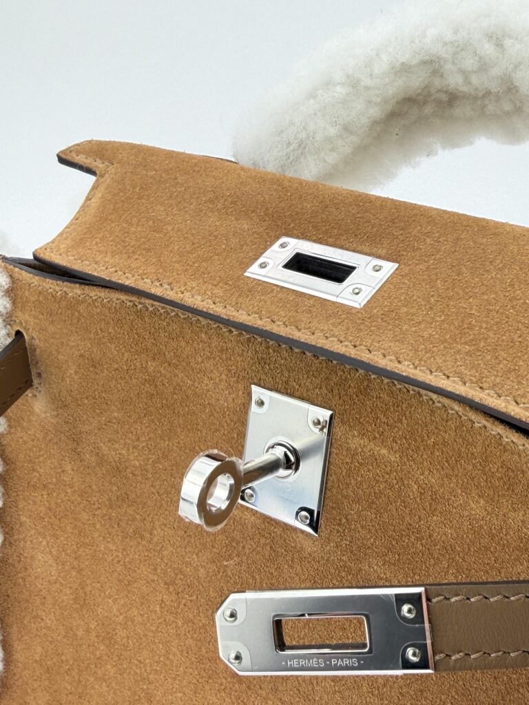 Hermes Mini Kelly 20 Teddy Grizzly Shearling Chamois Palladium Unworn K Stamp