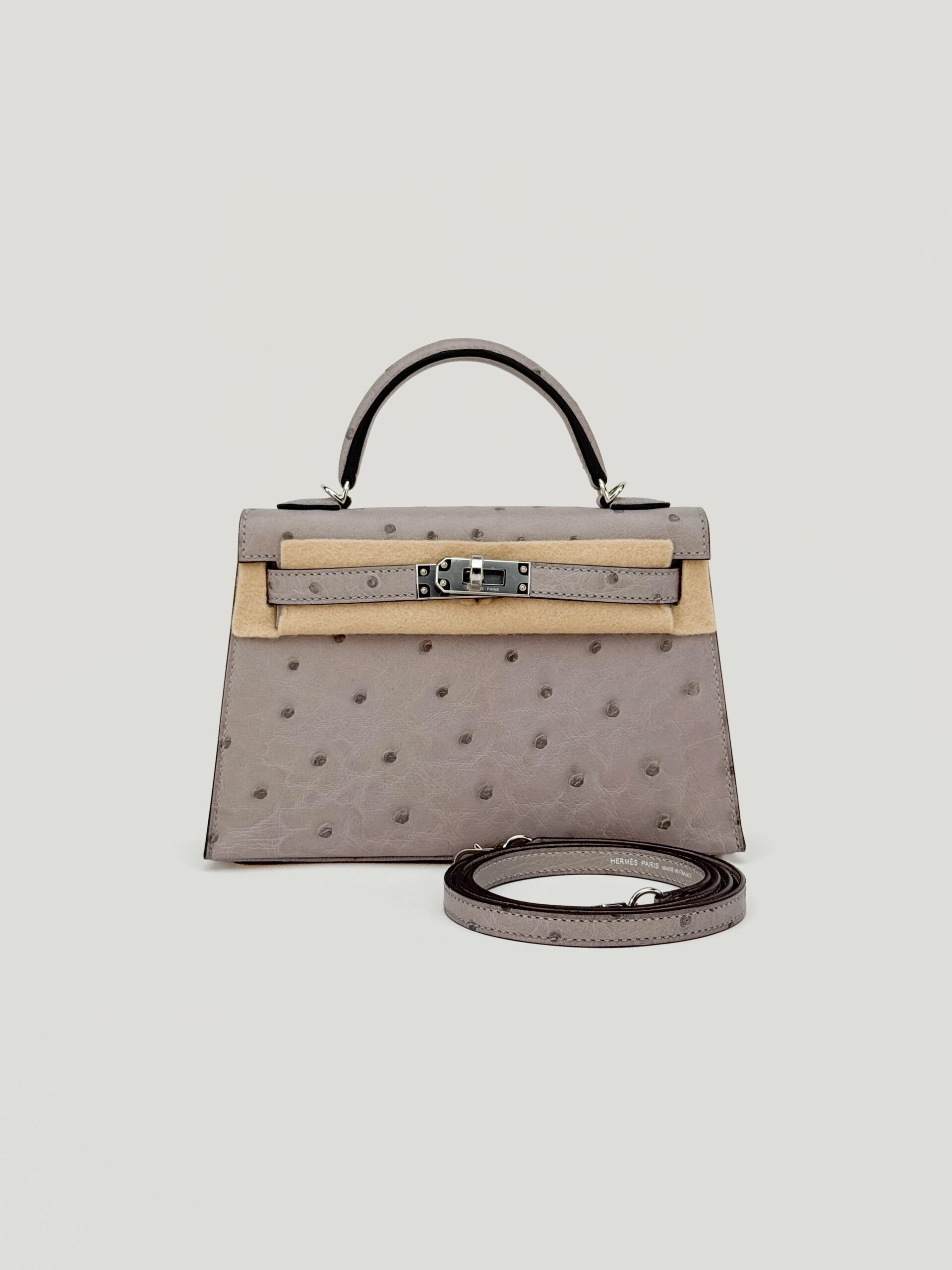 Hermes Mini Kelly 20 Ostrich Gris Mouette Palladium Hardware G Stamp 2026