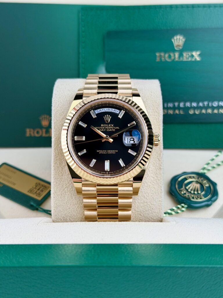 Rolex Day-Date 40mm UNWORN 2026 Black Baguette Diamond President Wood 228238