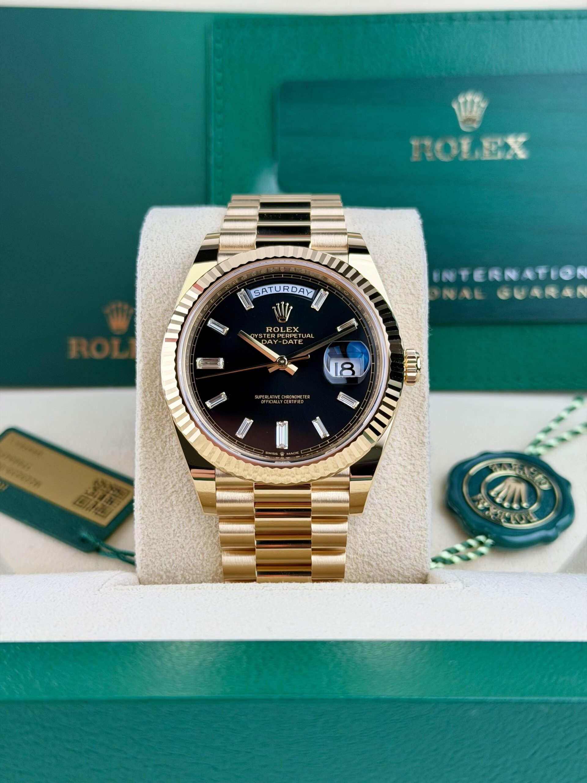 Rolex Day-Date 40mm UNWORN 2026 Black Baguette Diamond President Wood 228238