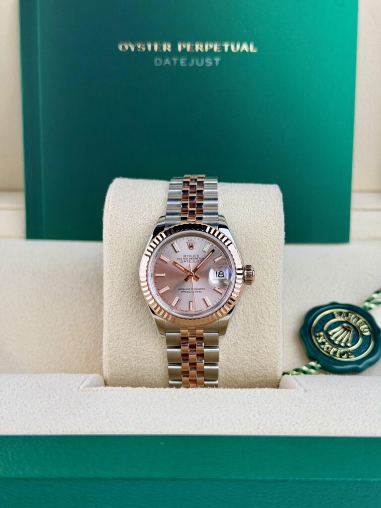 Rolex Datejust 28mm Rose Pink Sundust Index Fluted Jubilee Watch&Box 279171