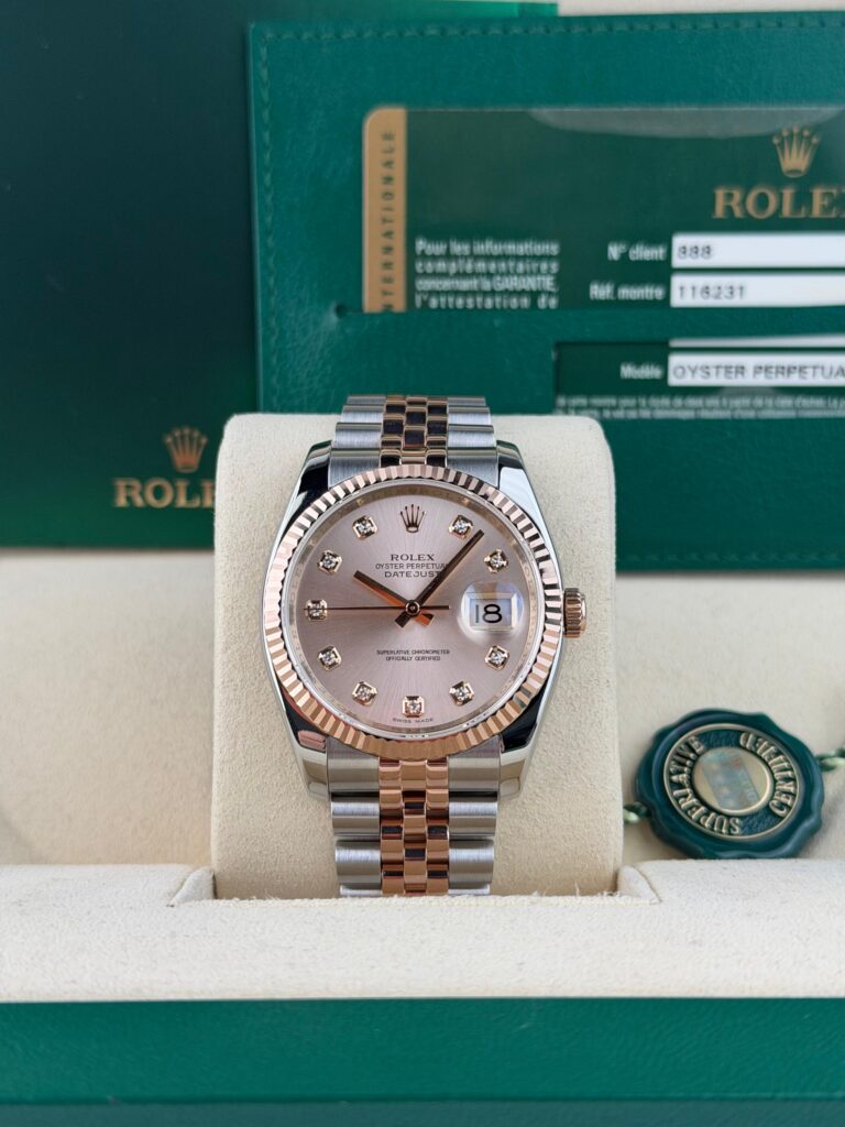 Rolex Datejust 36mm Rose Pink Diamond Fluted Jubilee Open Dated 116231