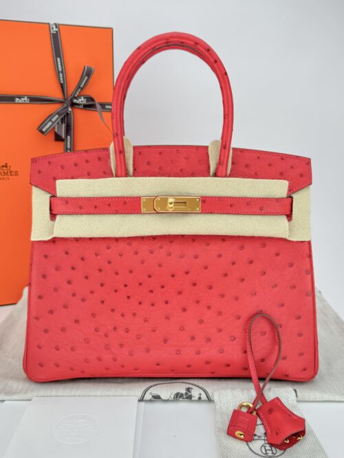 Hermes Birkin 30 Ostrich Rouge Vif Gold Hardware X Stamp Unworn