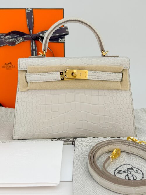 Hermes Mini Kelly 20 Matte Alligator Beton Gold Hardware K Stamp Unworn