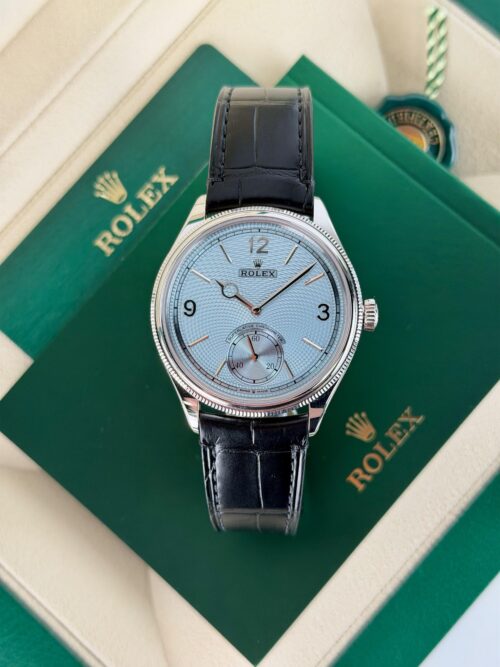 Rolex Platinum 1908 UNWORN 2026 Ice Blue Rice-Grain Motif Index Strap 52506