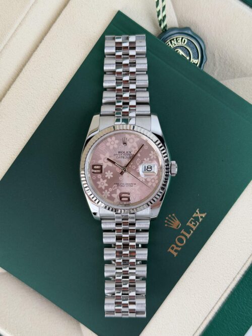 Rolex Datejust 36mm Pink Rose Flower Motif Fluted Jubilee W&B 116234