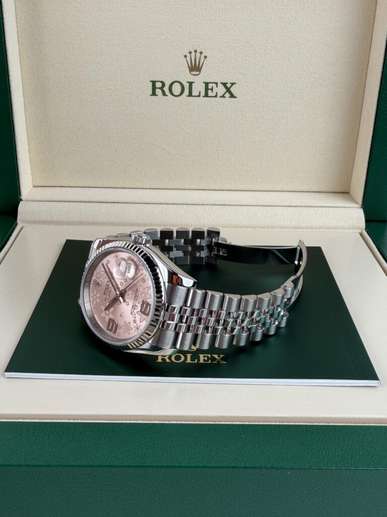 Rolex Datejust 36mm Pink Rose Flower Motif Fluted Jubilee W&B 116234