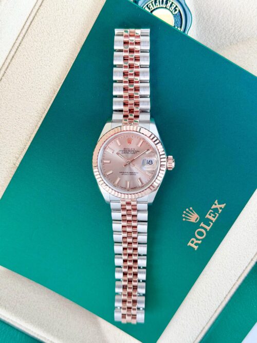 Rolex Datejust 28mm Rose Pink Sundust Index Fluted Jubilee Watch&Box 279171