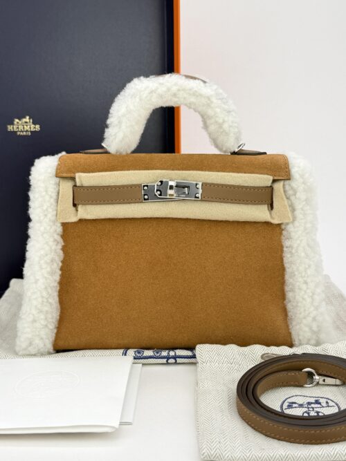 LIMITED Hermes Mini Kelly 20 Teddy Grizzly Shearling Chamois Palladium Unworn