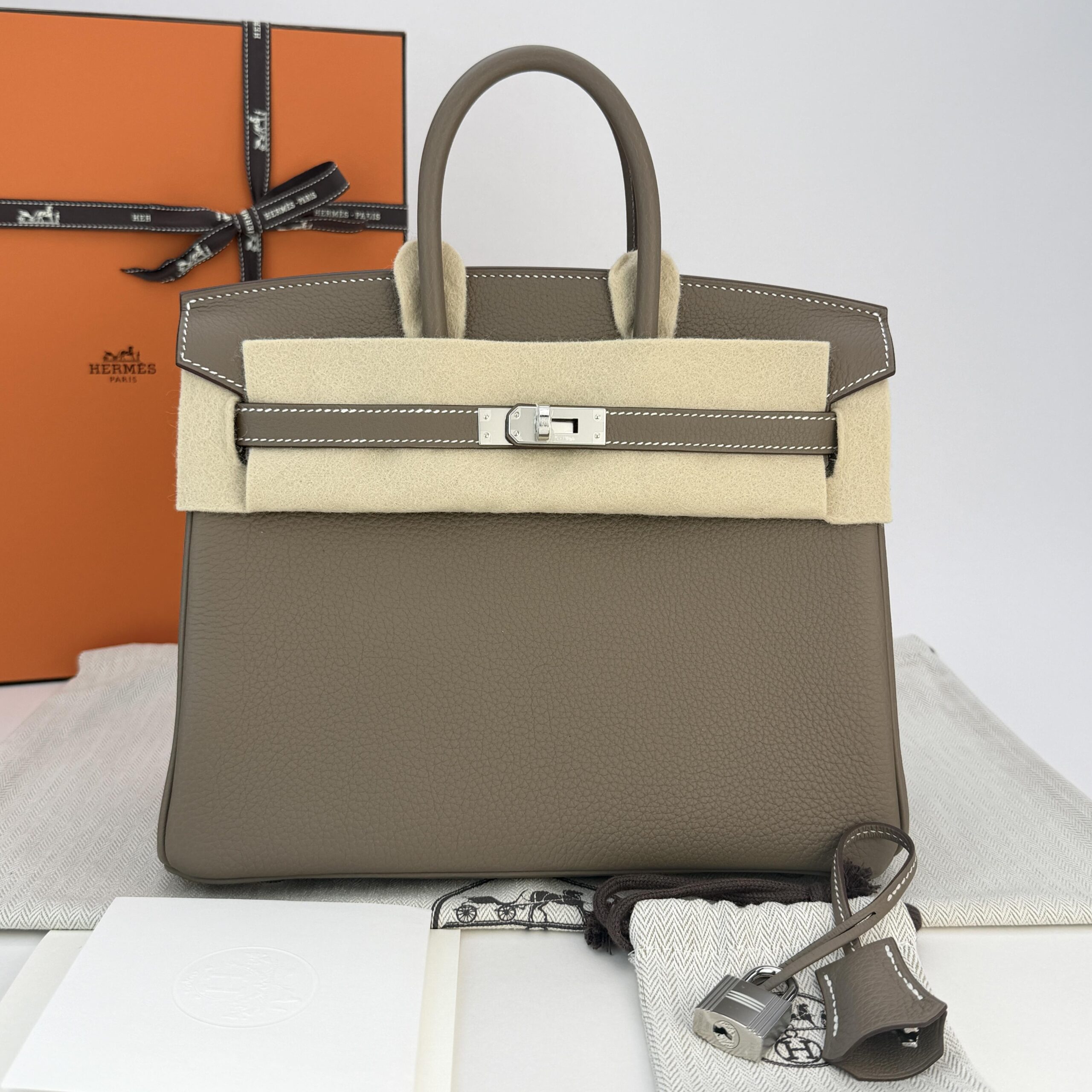 Hermes Birkin 25 Retourne Togo Etoupe Palladium Hardware K Stamp Unworn