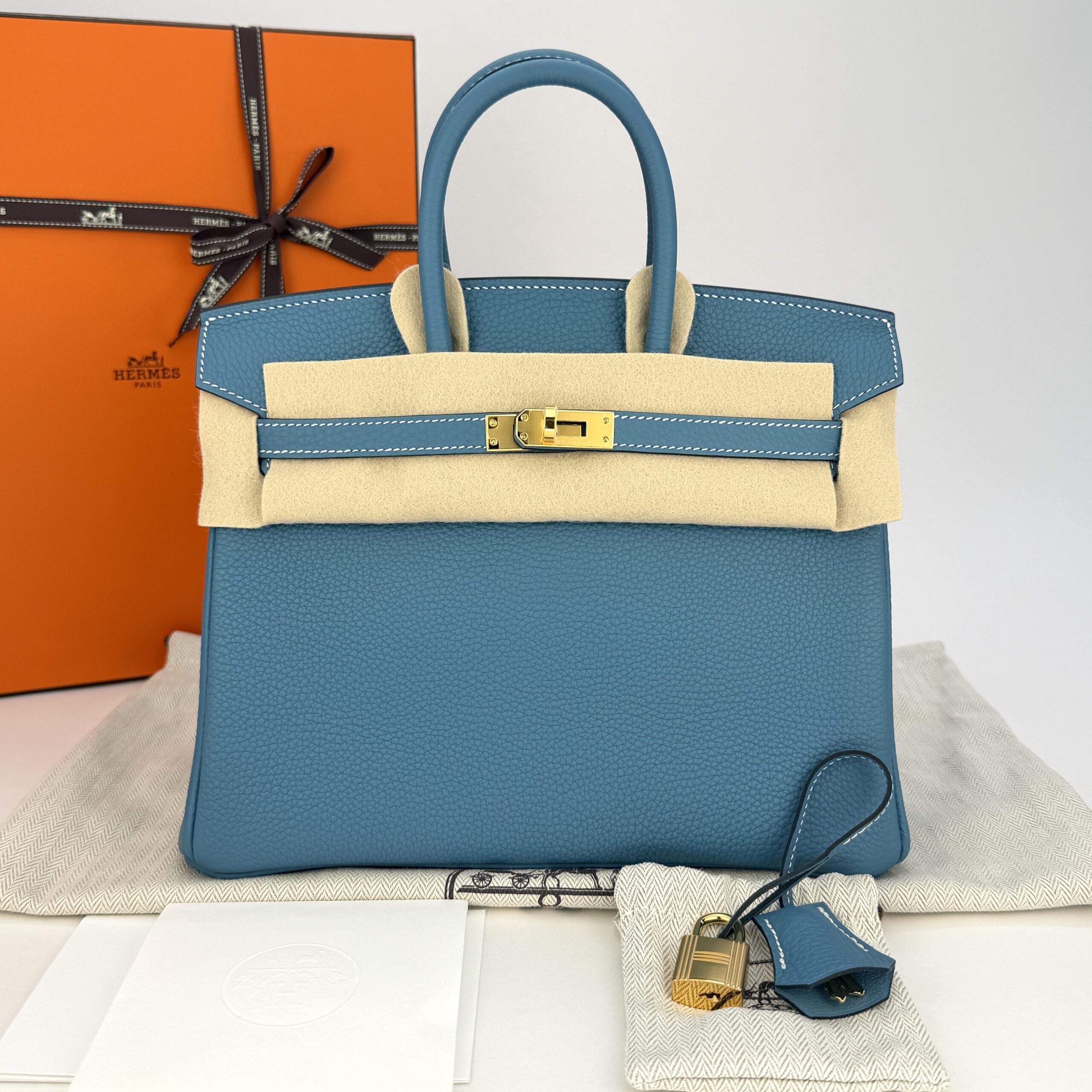 Hermes Birkin 25 Togo New Blue Jean Gold Hardware W Stamp Unworn