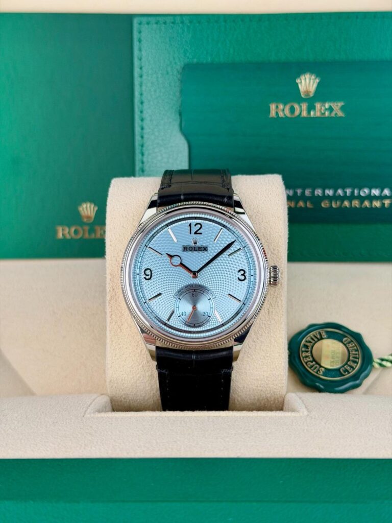 Rolex Platinum 1908 UNWORN 2026 Ice Blue Rice-Grain Motif Index Strap 52506