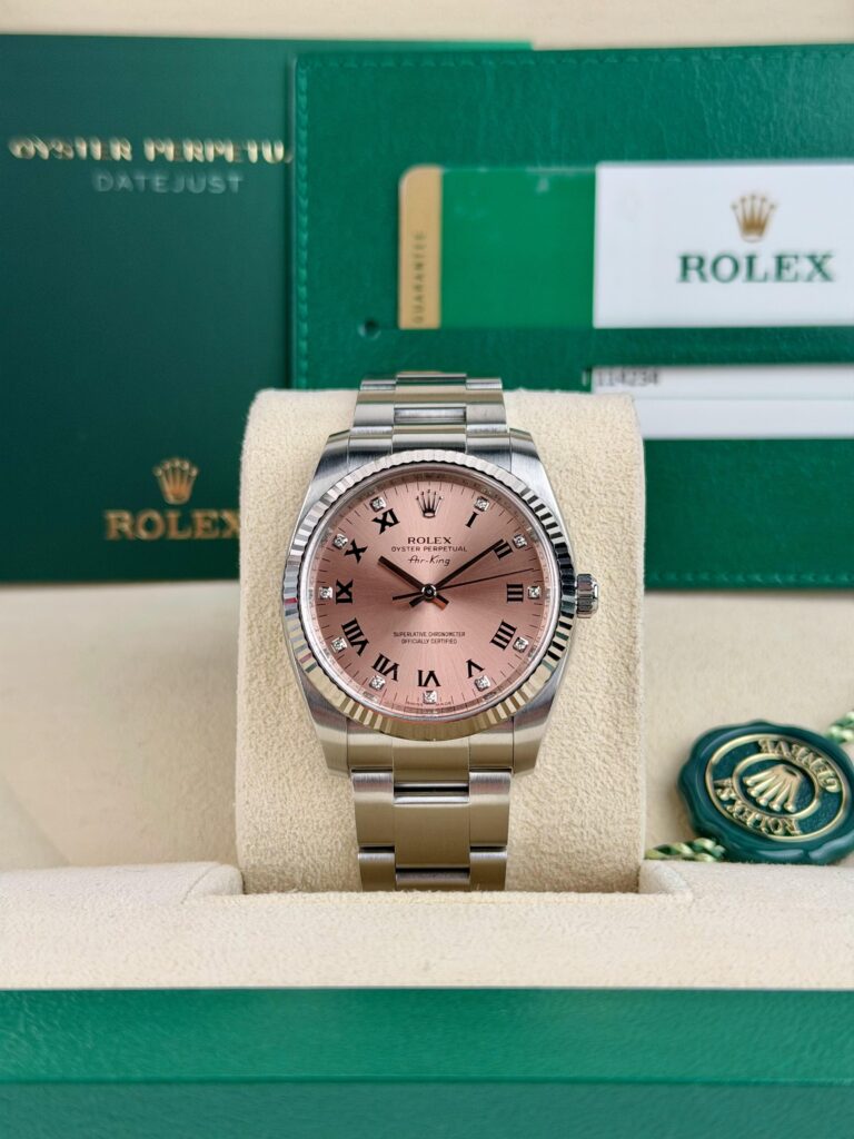 Rolex Air-King 34mm 2015 Pink Rose Roman Diamond Fluted Oyster 114234