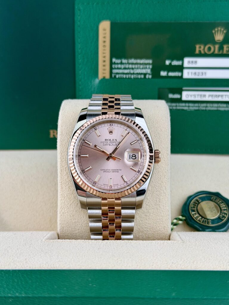 Rolex Datejust 36mm 2012 Rose Pink Sundust Index Fluted Jubilee 116231