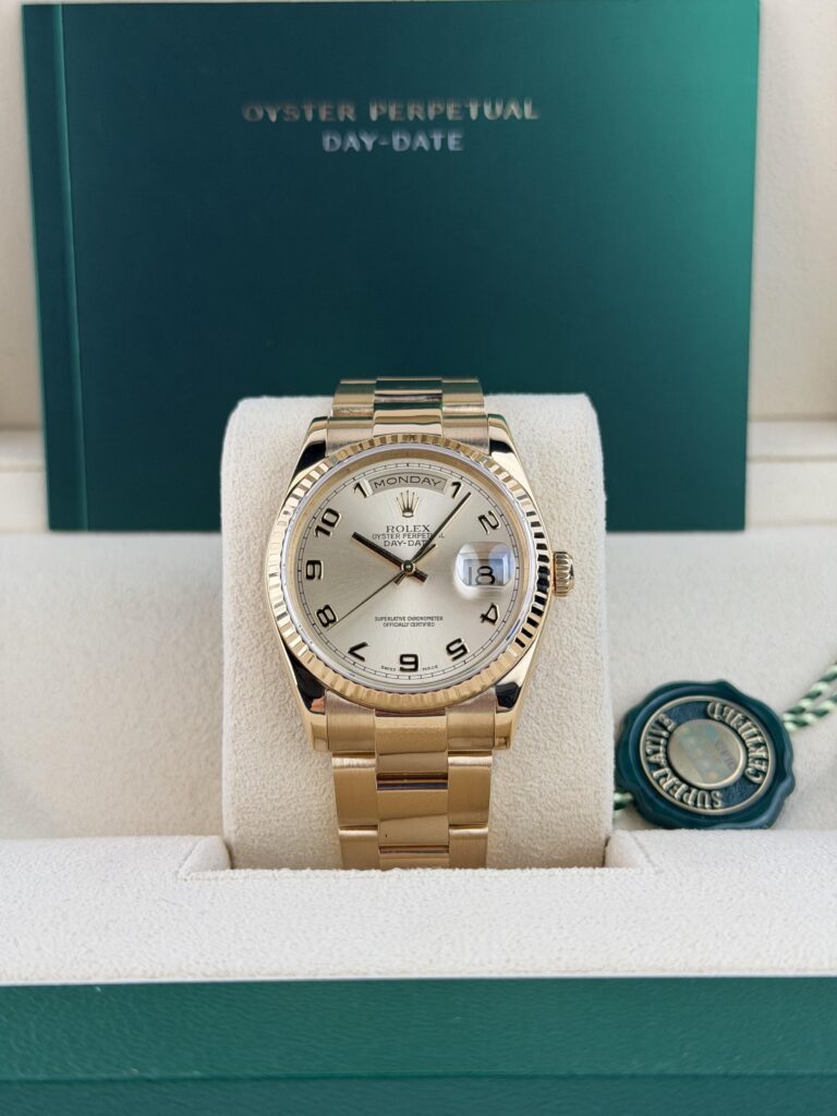 Rolex Day-Date 36mm Champange Arabic Fluted Oyster Watch&Box 118208