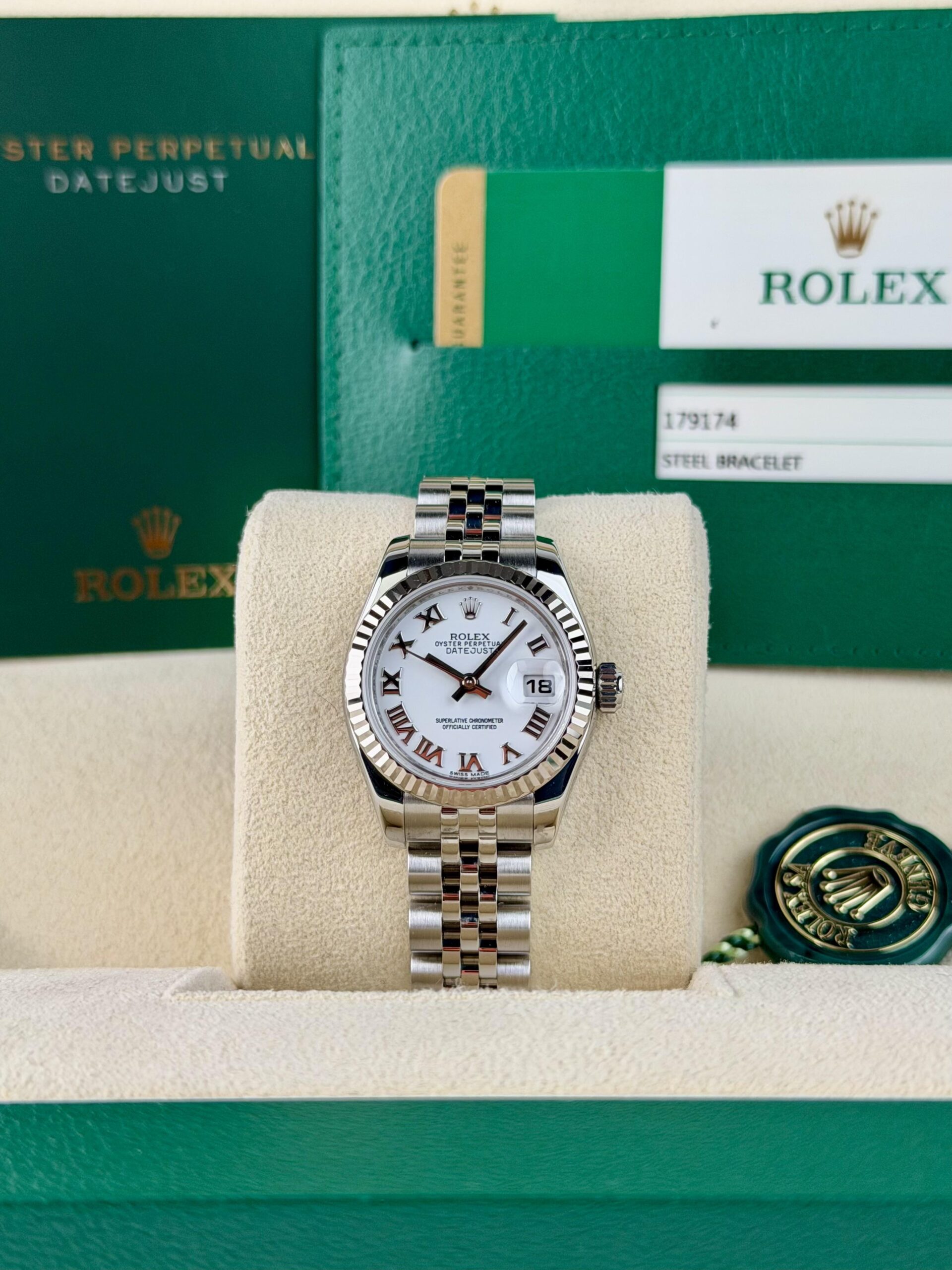 Rolex Datejust 26mm 2015 White Roman Fluted Jubilee 179174