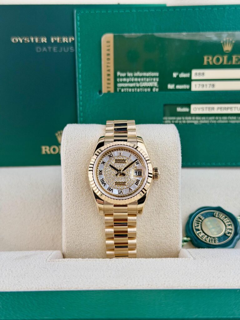 Rolex Datejust 26mm 2009 MOP Pearl Diamond Paved Roman Fluted President 179178