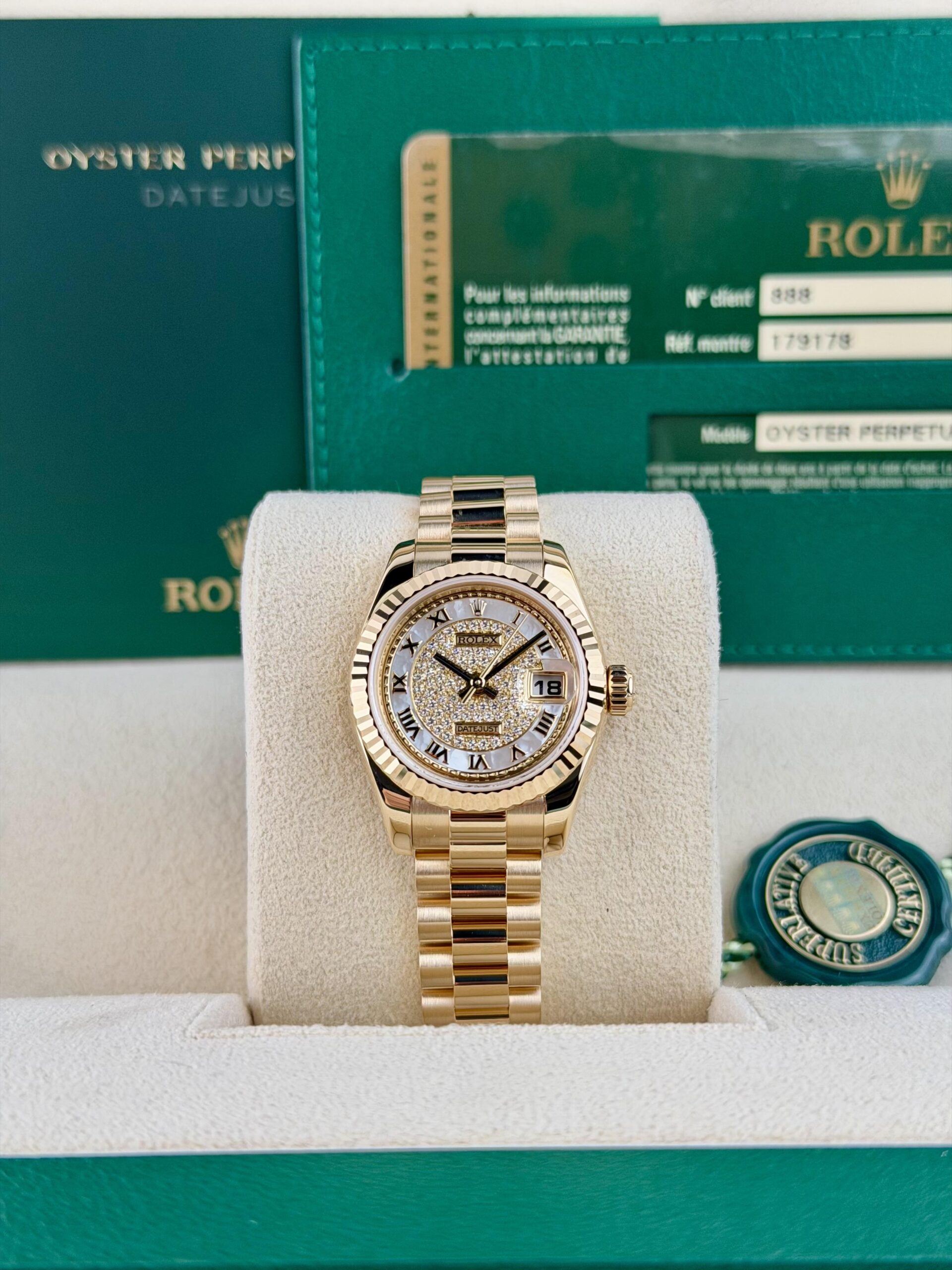 Rolex Datejust 26mm 2009 MOP Pearl Diamond Paved Roman Fluted President 179178