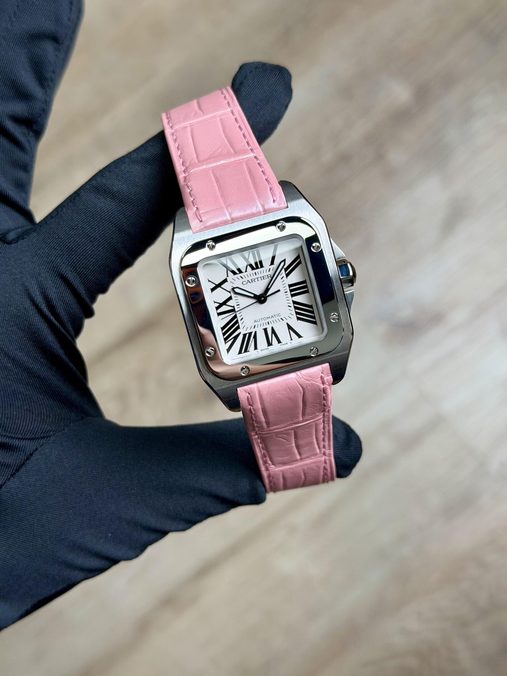 Cartier Santos 100 Medium 2013 White Roman Pink Strap W20126X8