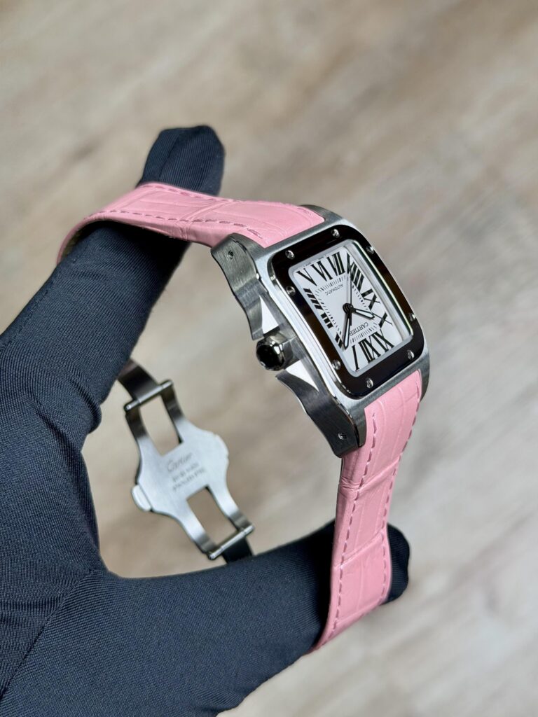 Cartier Santos 100 Medium 2013 White Roman Pink Strap W20126X8