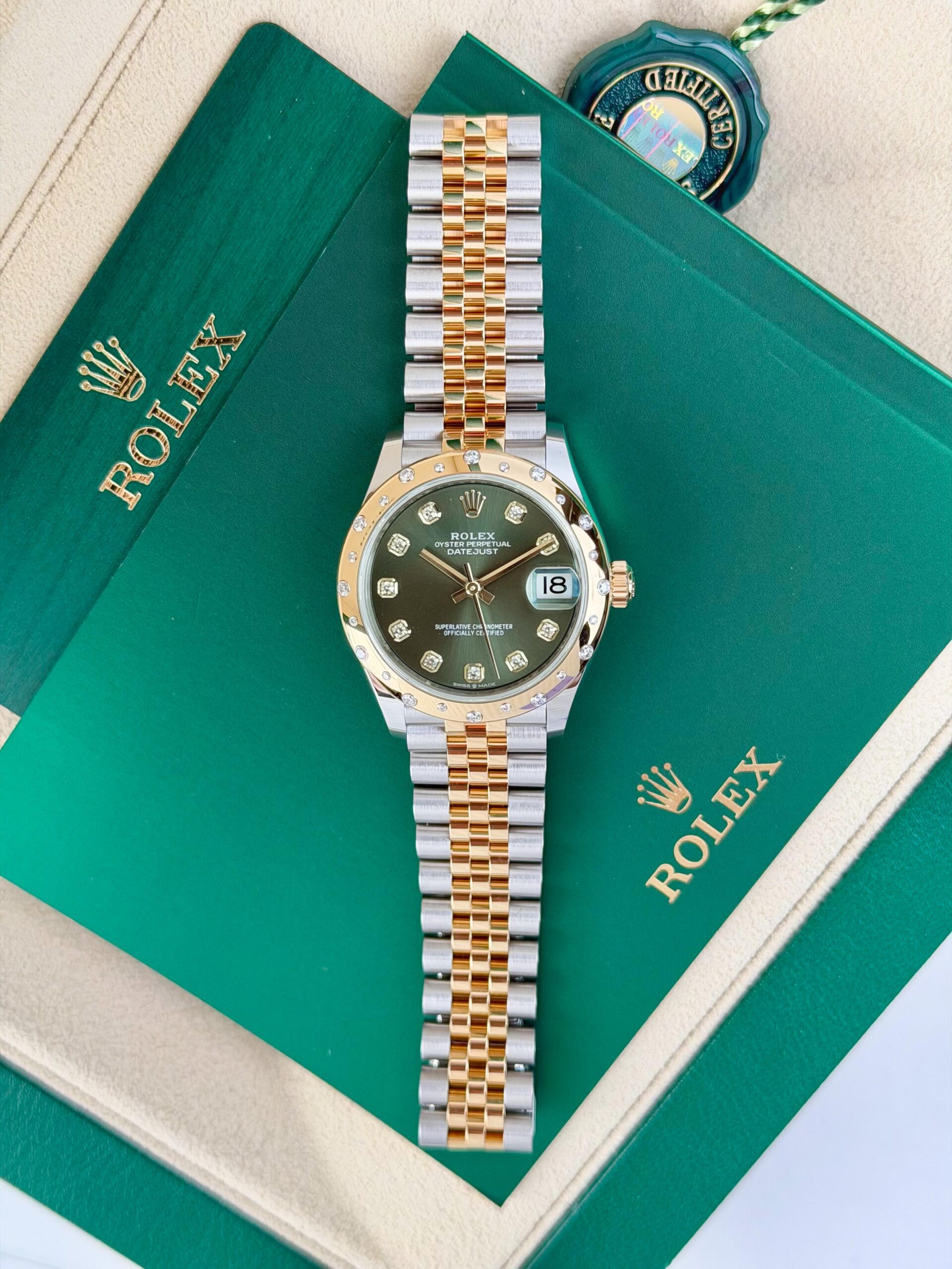 Rolex Datejust 31mm UNWORN 2026 Olive Green Diamond Domed Jubilee Wood 278343RBR