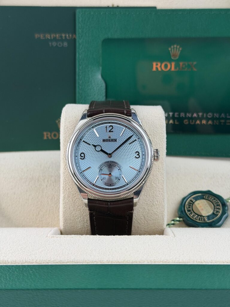 Rolex Platinum 1908 UNWORN 2026 Ice Blue Rice-Grain Motif Index Strap 52506
