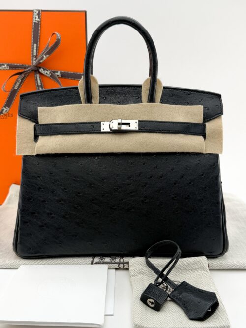 Hermes Birkin 25 Retourne Ostrich Black/Noir Palladium Hardware W Stamp