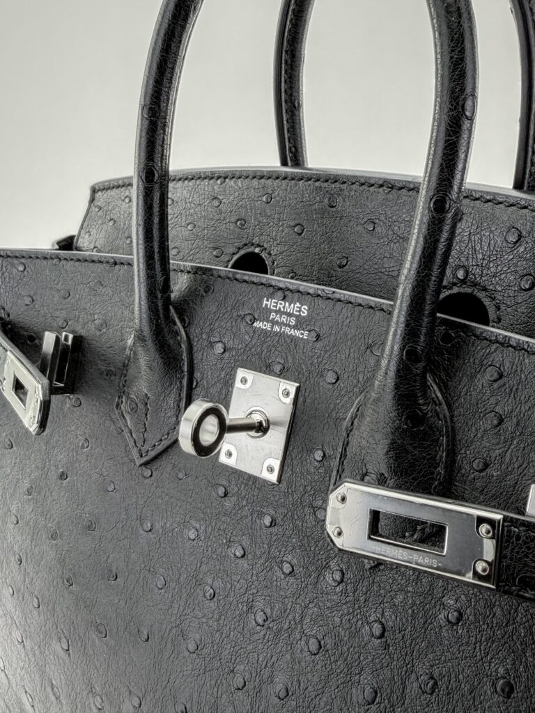 Hermes Birkin 25 Retourne Ostrich Black/Noir Palladium Hardware W Stamp