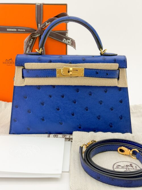 Hermes Mini Kelly 20 Ostrich Blue Sapphire Gold Hardware C Stamp