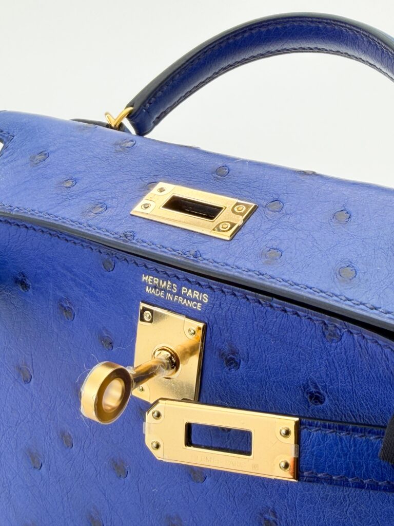 Hermes Mini Kelly 20 Ostrich Blue Sapphire Gold Hardware C Stamp