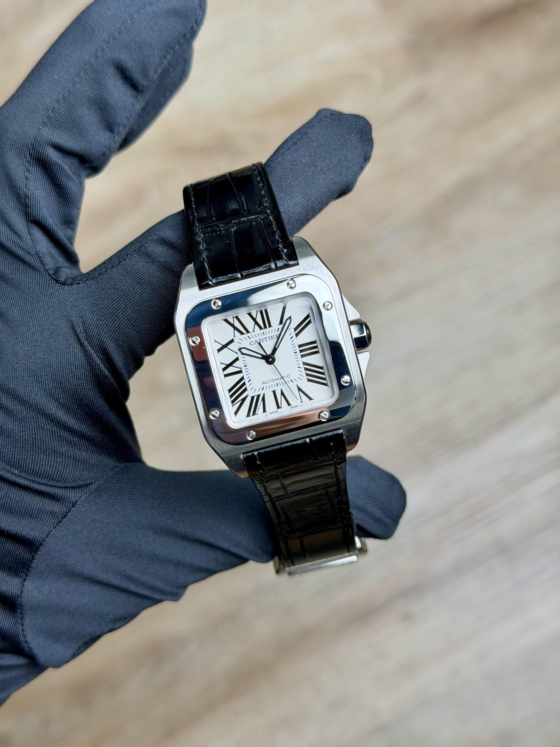 Cartier Santos 100 Medium White Roman Black Strap W20106X8