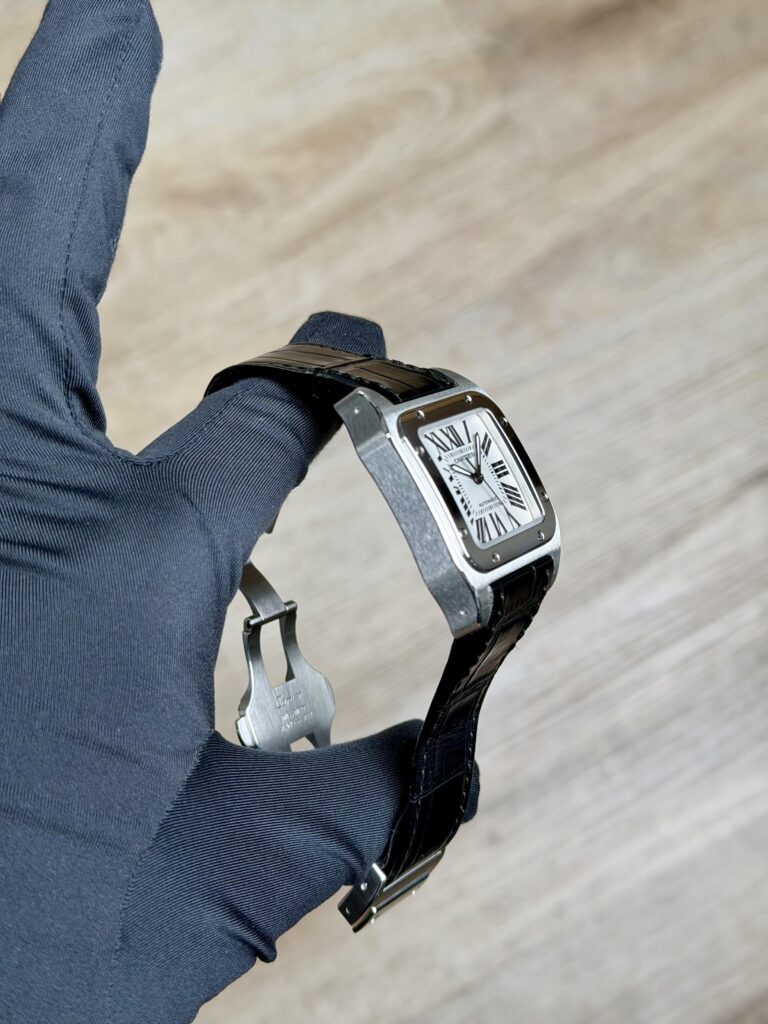Cartier Santos 100 Medium White Roman Black Strap W20106X8